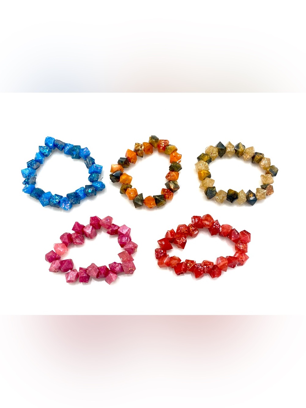 Lot of 5 Handmade Resin Chunky Faceted Bicone Nugget Stretch Bracelet Set NWOT